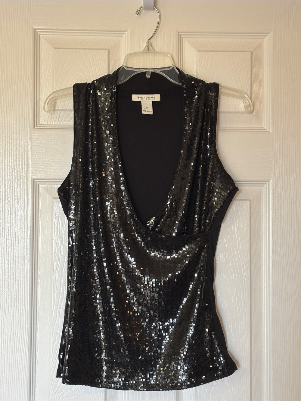 White House Black Market Black Sequin Draped V-Neck Sleeveless Top